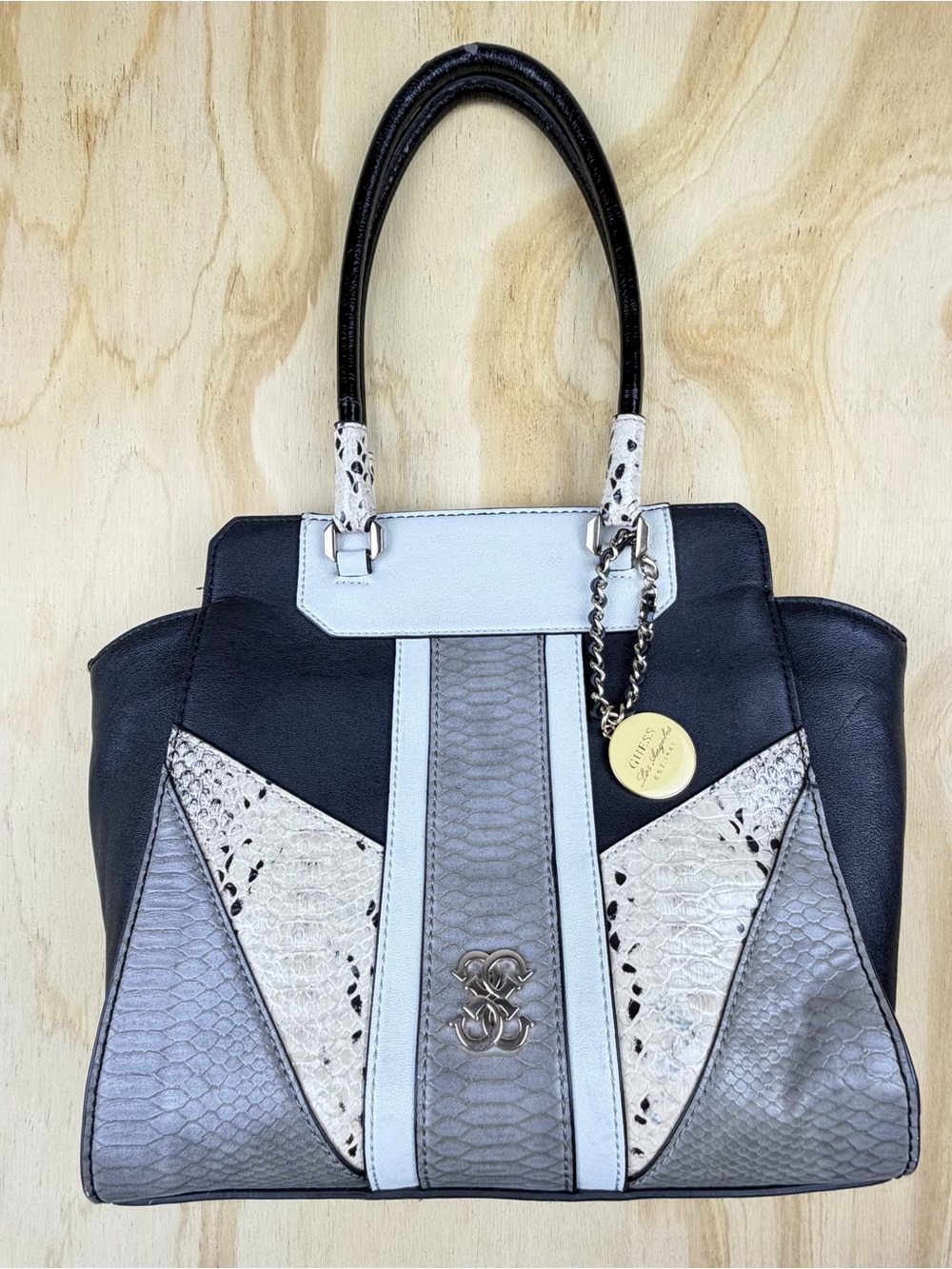 GUESS Handbag Purse Black Gray Faux Snakeskin Satchel Tote Women's Bag Logo Char